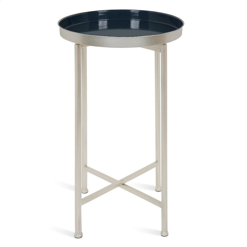 Table d'appoint pliante ronde en métal bleu marine et argent