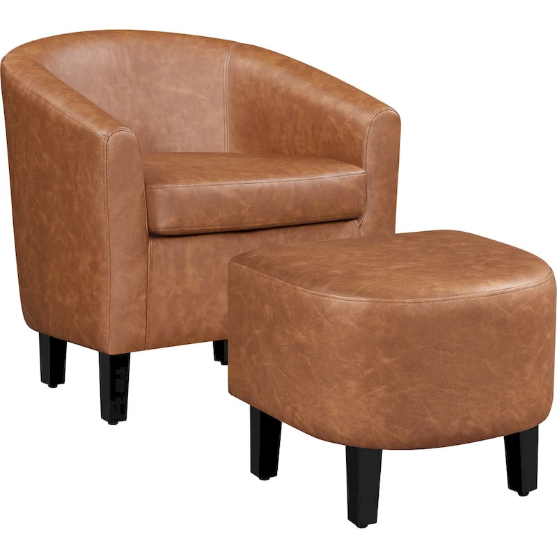Fauteuil club cylindrique et pouf en similicuir noir/marron, 1 place