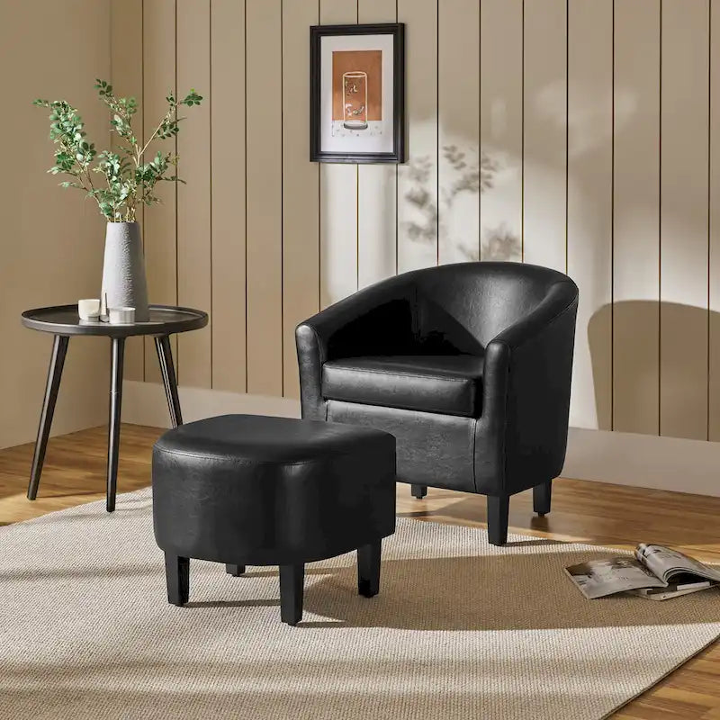 Fauteuil club cylindrique et pouf en similicuir noir/marron, 1 place