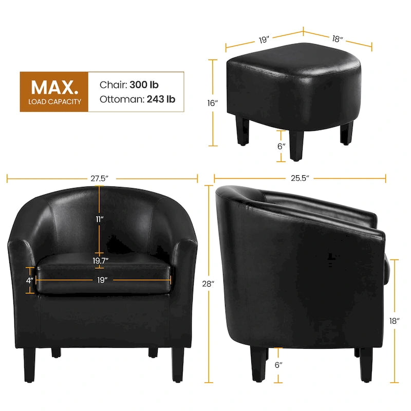 Fauteuil club cylindrique et pouf en similicuir noir/marron, 1 place