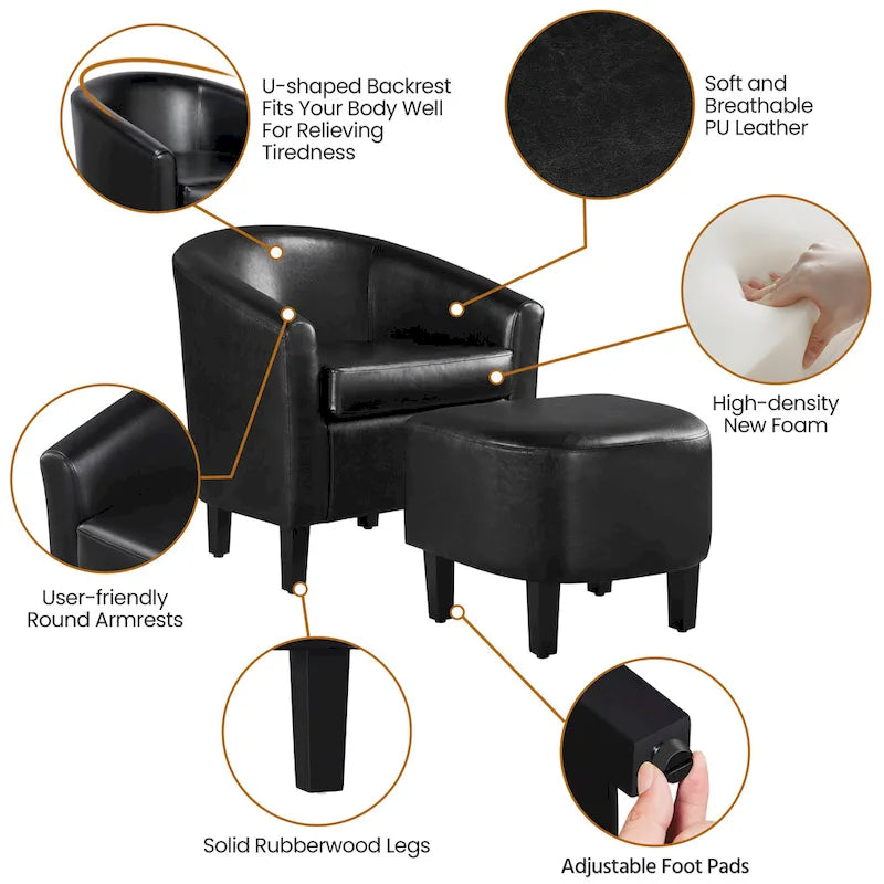 Fauteuil club cylindrique et pouf en similicuir noir/marron, 1 place