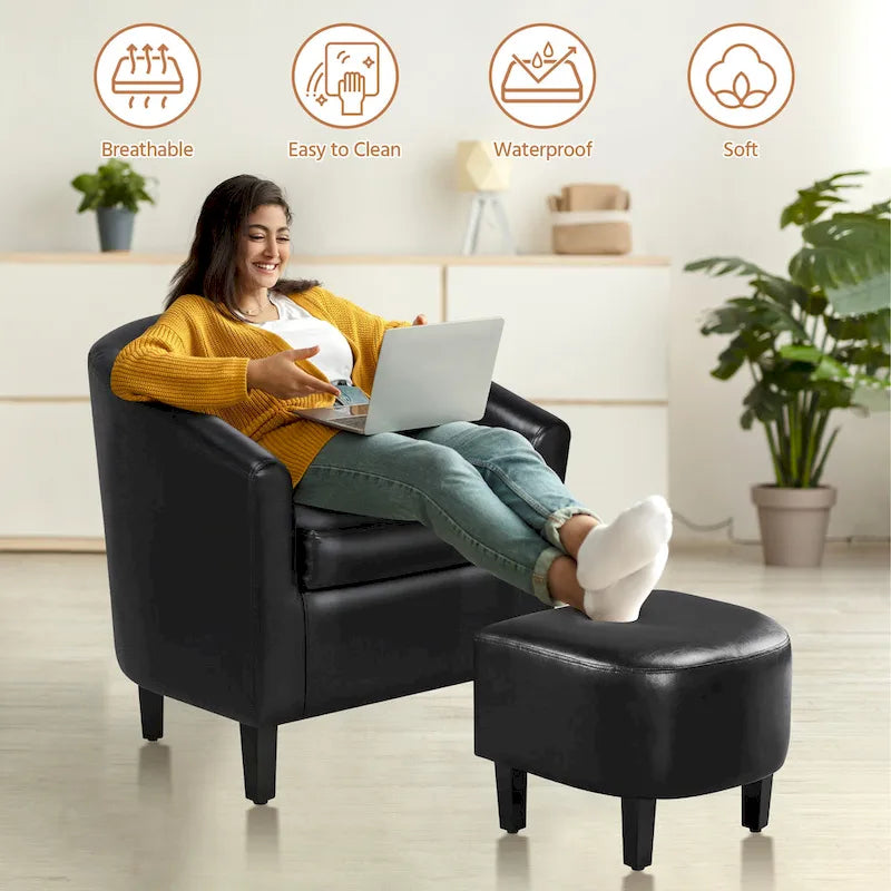 Fauteuil club cylindrique et pouf en similicuir noir/marron, 1 place
