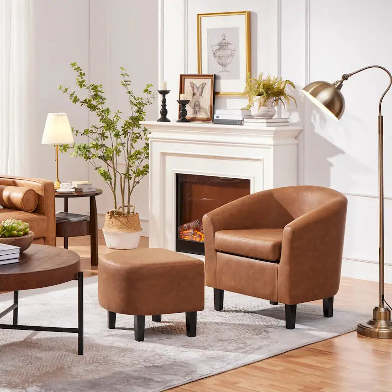 Fauteuil club cylindrique et pouf en similicuir noir/marron, 1 place