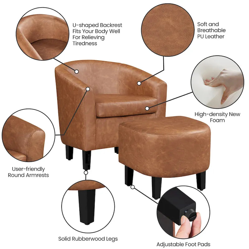Fauteuil club cylindrique et pouf en similicuir noir/marron, 1 place