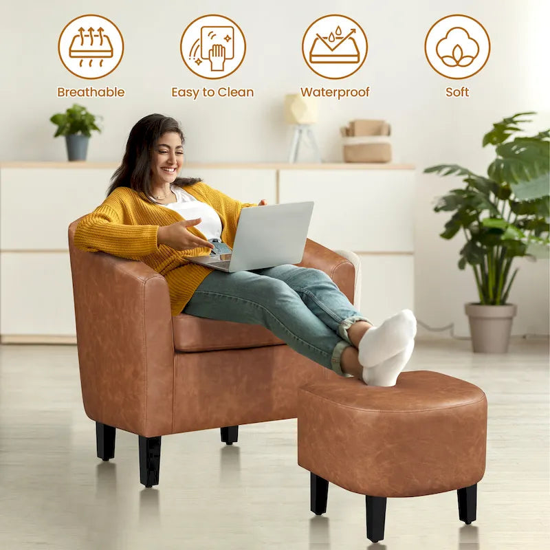 Fauteuil club cylindrique et pouf en similicuir noir/marron, 1 place