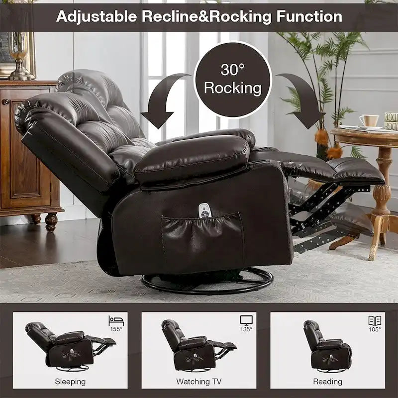Fauteuil inclinable, pivotant et berçant individuel noir/marron avec massage et chaleur