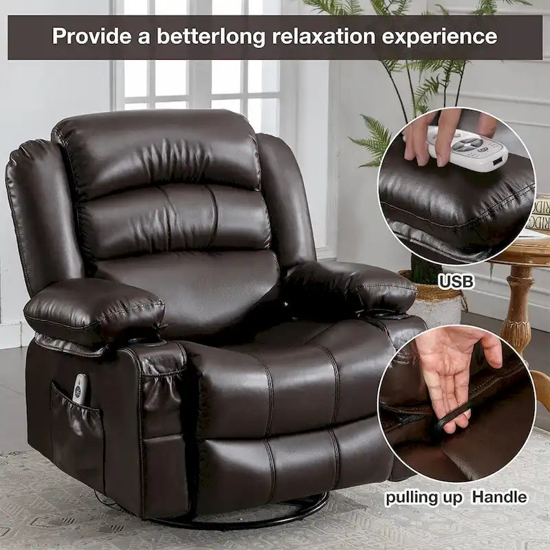 Fauteuil inclinable, pivotant et berçant individuel noir/marron avec massage et chaleur