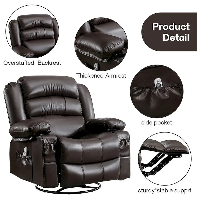 Fauteuil inclinable, pivotant et berçant individuel noir/marron avec massage et chaleur