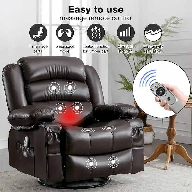 Fauteuil inclinable, pivotant et berçant individuel noir/marron avec massage et chaleur