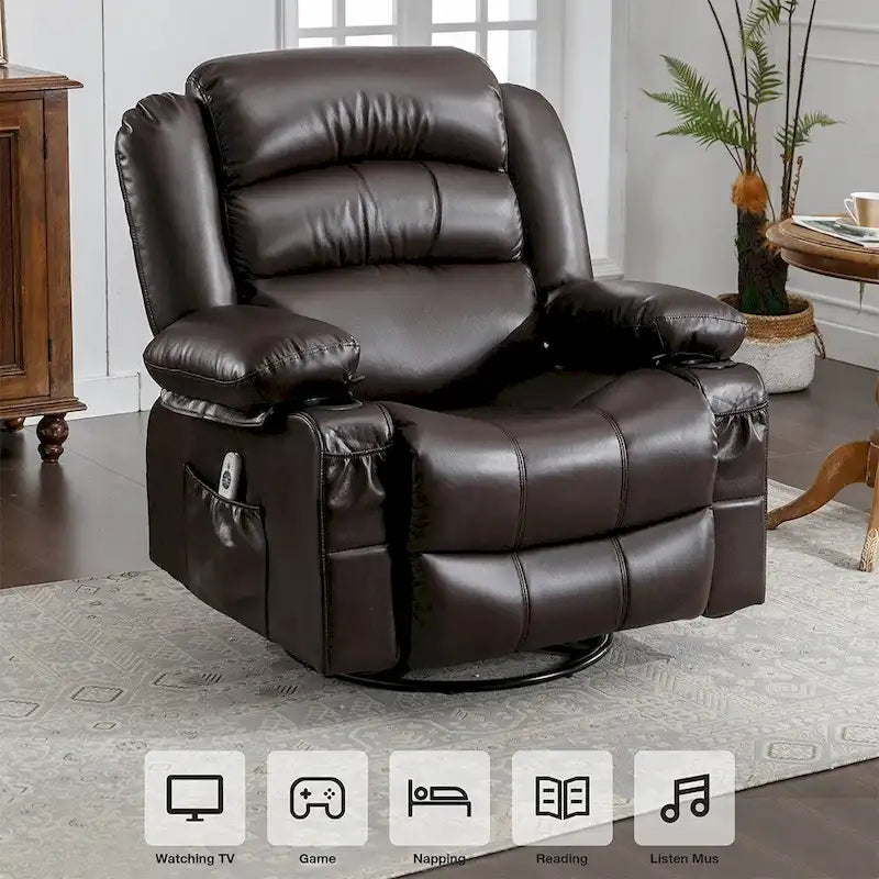 Fauteuil inclinable, pivotant et berçant individuel noir/marron avec massage et chaleur