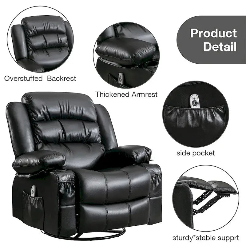 Fauteuil inclinable, pivotant et berçant individuel noir/marron avec massage et chaleur