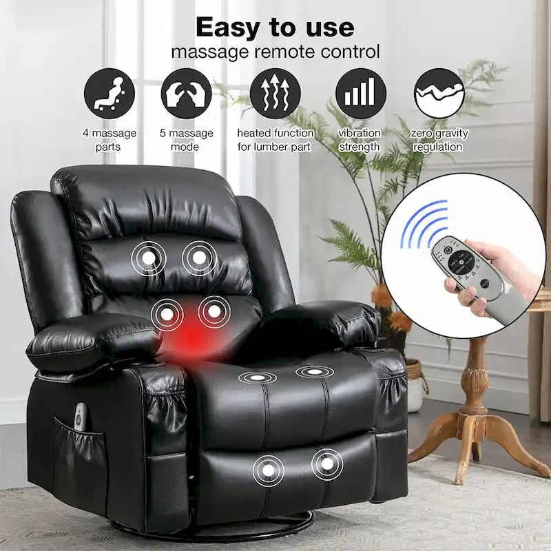 Fauteuil inclinable, pivotant et berçant individuel noir/marron avec massage et chaleur