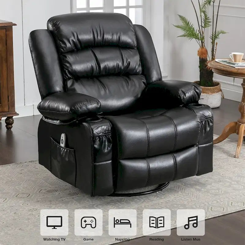 Fauteuil inclinable, pivotant et berçant individuel noir/marron avec massage et chaleur