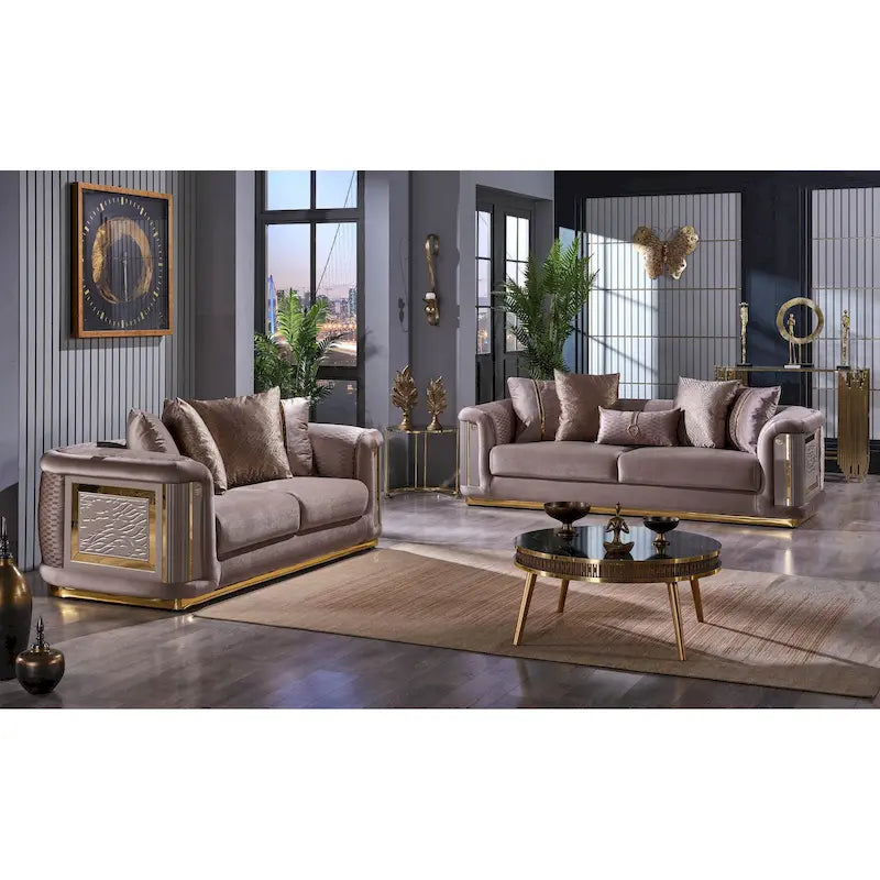 Ensemble de salon 3 pièces à accoudoirs carrés – Crème / Gris clair / Marron / Beige / Gris foncé