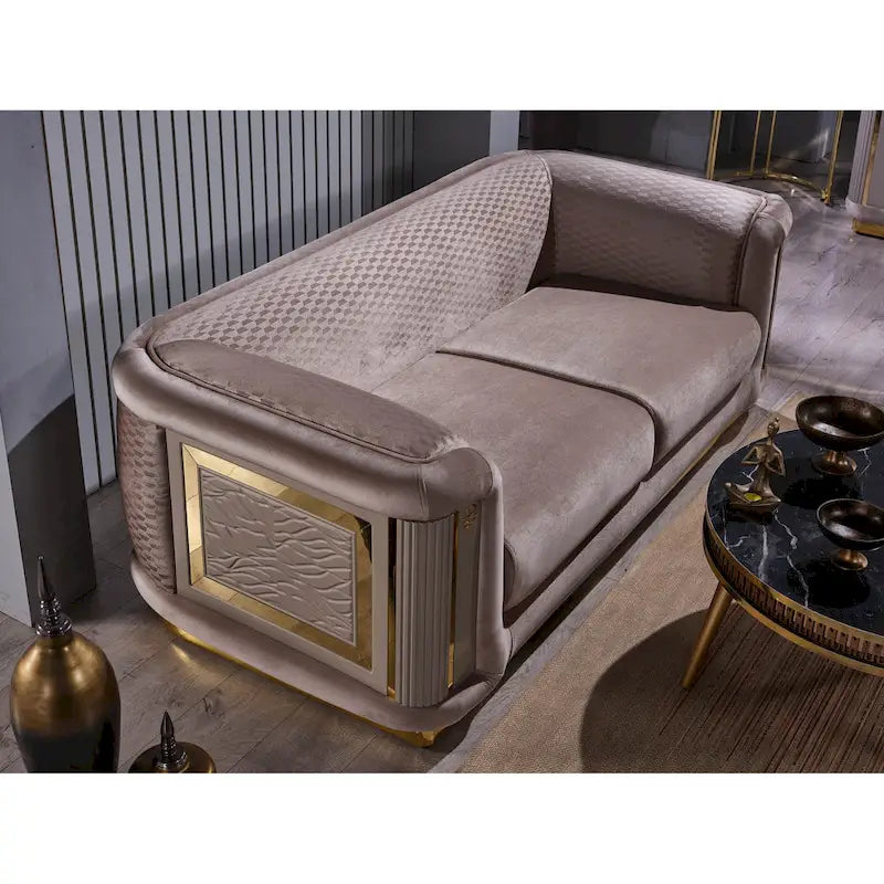 Ensemble de salon 3 pièces à accoudoirs carrés – Crème / Gris clair / Marron / Beige / Gris foncé