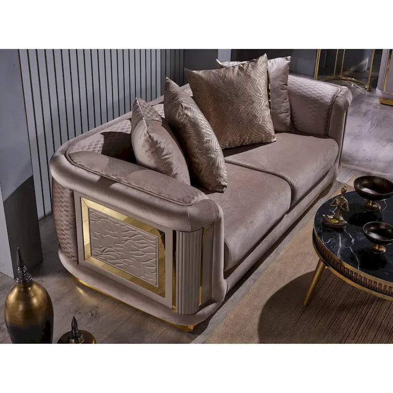 Ensemble de salon 3 pièces à accoudoirs carrés – Crème / Gris clair / Marron / Beige / Gris foncé