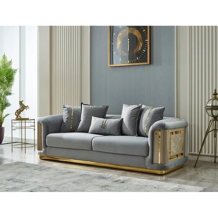 Ensemble de salon 3 pièces à accoudoirs carrés – Crème / Gris clair / Marron / Beige / Gris foncé