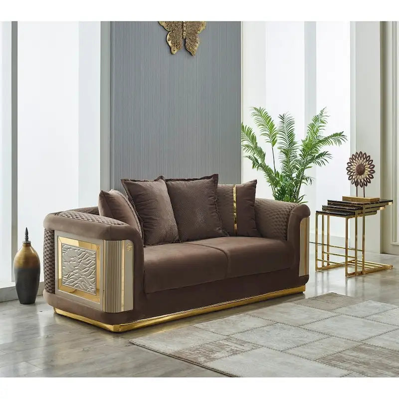 Ensemble de salon 3 pièces à accoudoirs carrés – Crème / Gris clair / Marron / Beige / Gris foncé