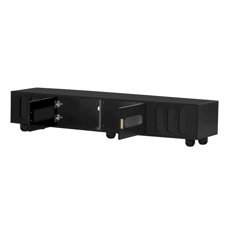 Meuble TV moderne noir et blanc avec portes en verre cintrées et tiroirs, convient jusqu'à 80"
