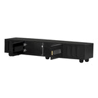 Meuble TV moderne noir et blanc avec portes en verre cintrées et tiroirs, convient jusqu'à 80"