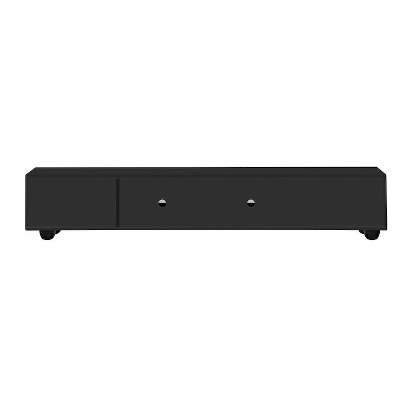 Meuble TV moderne noir et blanc avec portes en verre cintrées et tiroirs, convient jusqu'à 80"