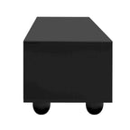 Meuble TV moderne noir et blanc avec portes en verre cintrées et tiroirs, convient jusqu'à 80"