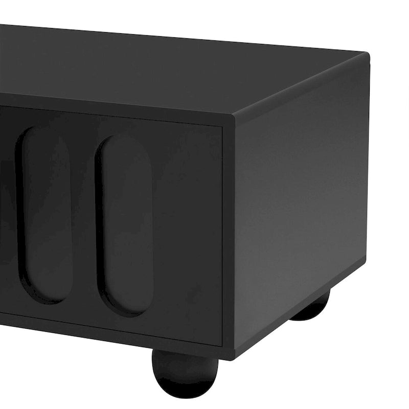 Meuble TV moderne noir et blanc avec portes en verre cintrées et tiroirs, convient jusqu'à 80"