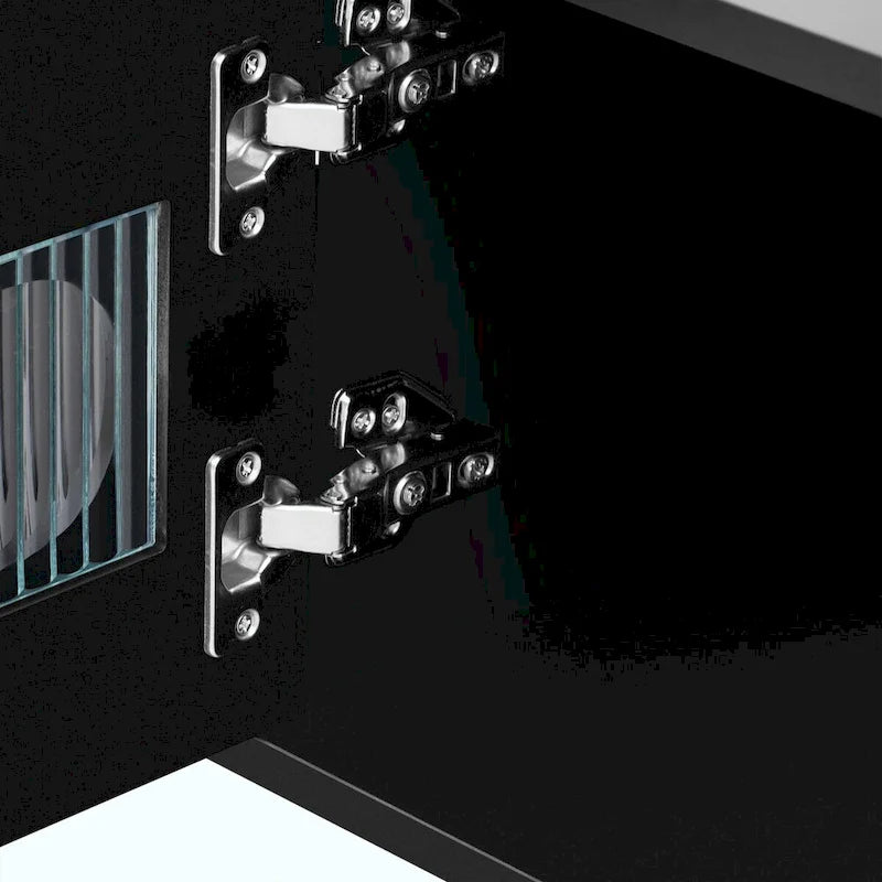 Meuble TV moderne noir et blanc avec portes en verre cintrées et tiroirs, convient jusqu'à 80"