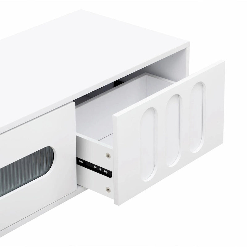 Meuble TV moderne noir et blanc avec portes en verre cintrées et tiroirs, convient jusqu'à 80"