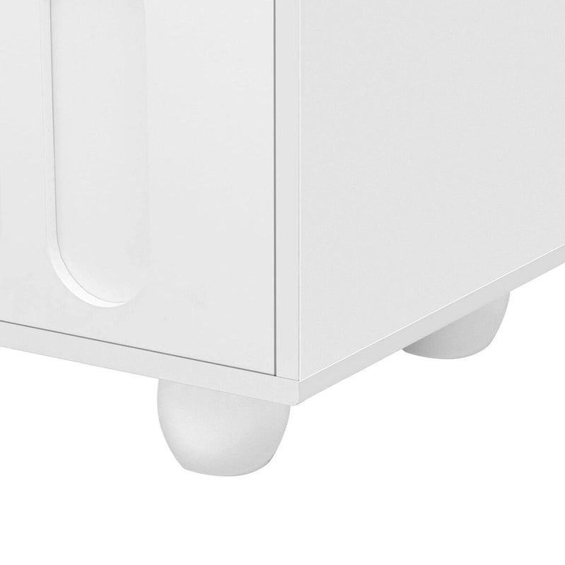 Meuble TV moderne noir et blanc avec portes en verre cintrées et tiroirs, convient jusqu'à 80"