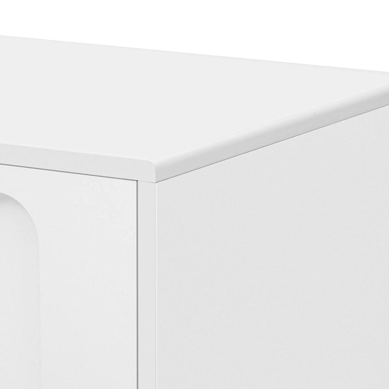 Meuble TV moderne noir et blanc avec portes en verre cintrées et tiroirs, convient jusqu'à 80"