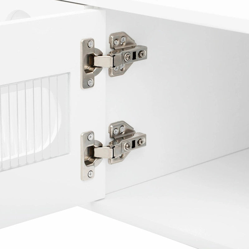 Meuble TV moderne noir et blanc avec portes en verre cintrées et tiroirs, convient jusqu'à 80"