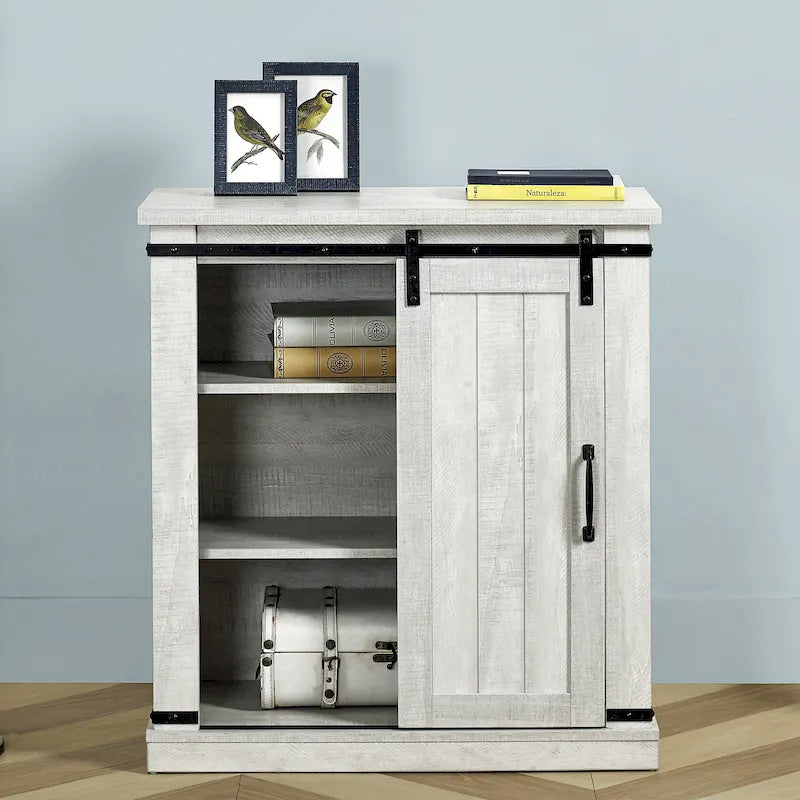 Meuble d'appoint avec porte coulissante de 32 po, blanc cassé/blanc cassé/bois vieilli/gris, simple