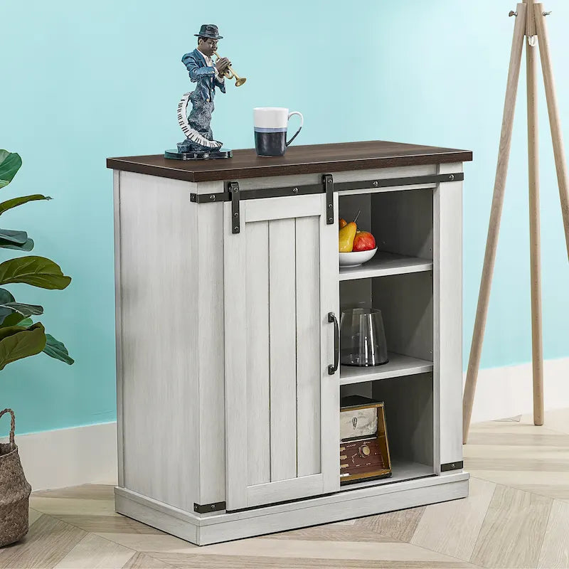 Meuble d'appoint avec porte coulissante de 32 po, blanc cassé/blanc cassé/bois vieilli/gris, simple
