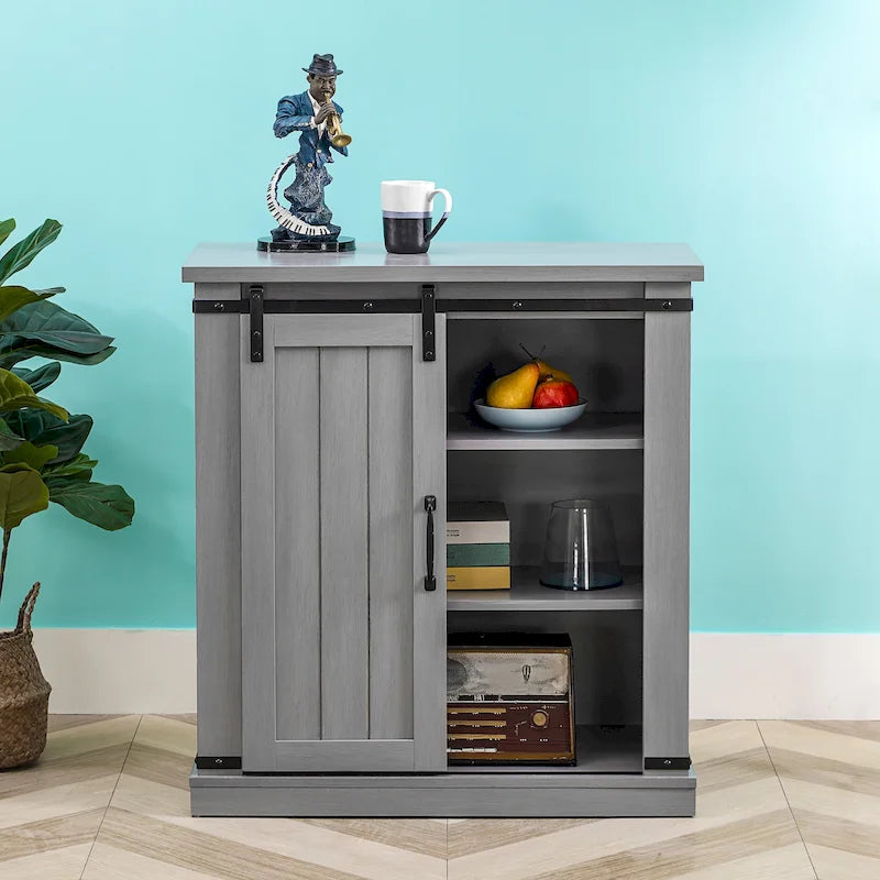 Meuble d'appoint avec porte coulissante de 32 po, blanc cassé/blanc cassé/bois vieilli/gris, simple