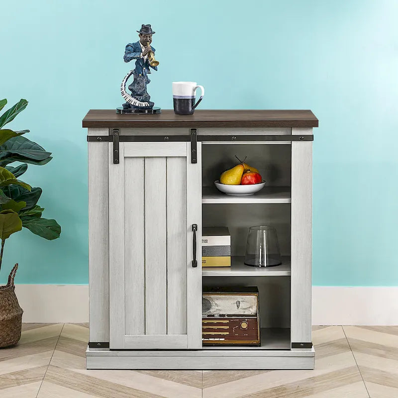 Meuble d'appoint avec porte coulissante de 32 po, blanc cassé/blanc cassé/bois vieilli/gris, simple