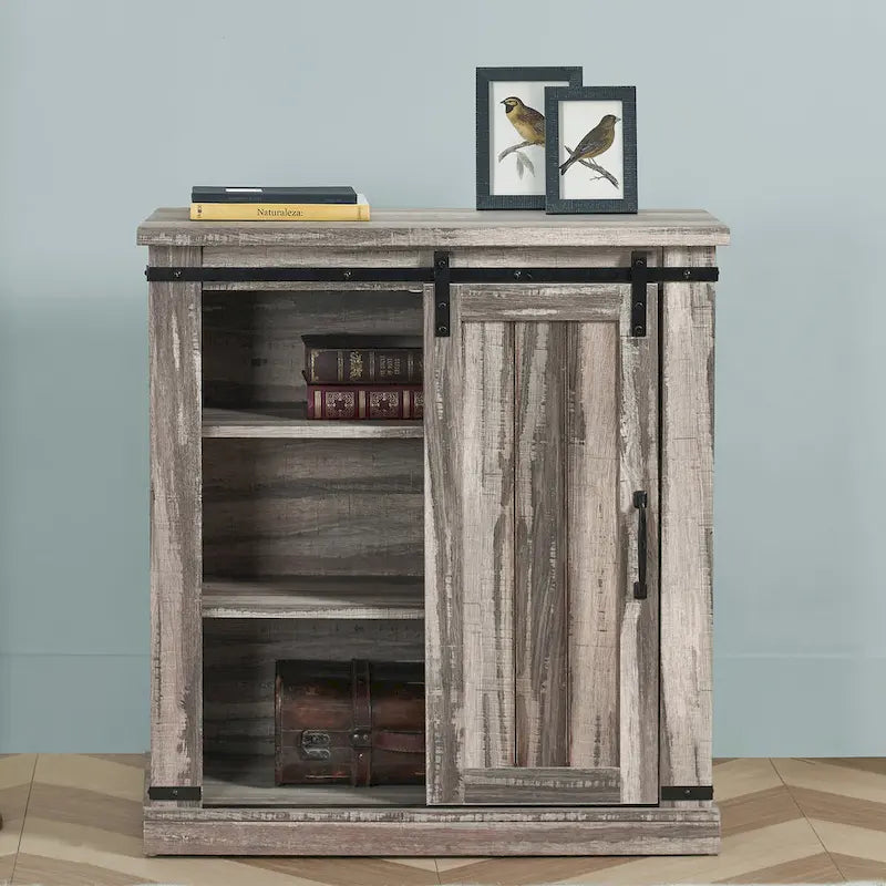 Meuble d'appoint avec porte coulissante de 32 po, blanc cassé/blanc cassé/bois vieilli/gris, simple