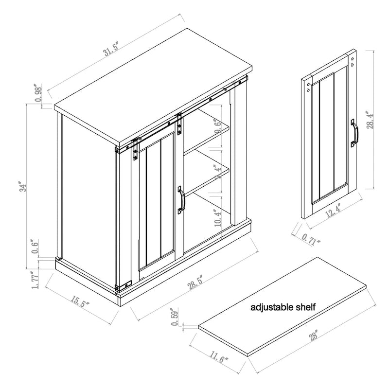 Meuble d'appoint avec porte coulissante de 32 po, blanc cassé/blanc cassé/bois vieilli/gris, simple