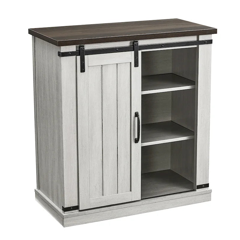 Meuble d'appoint avec porte coulissante de 32 po, blanc cassé/blanc cassé/bois vieilli/gris, simple