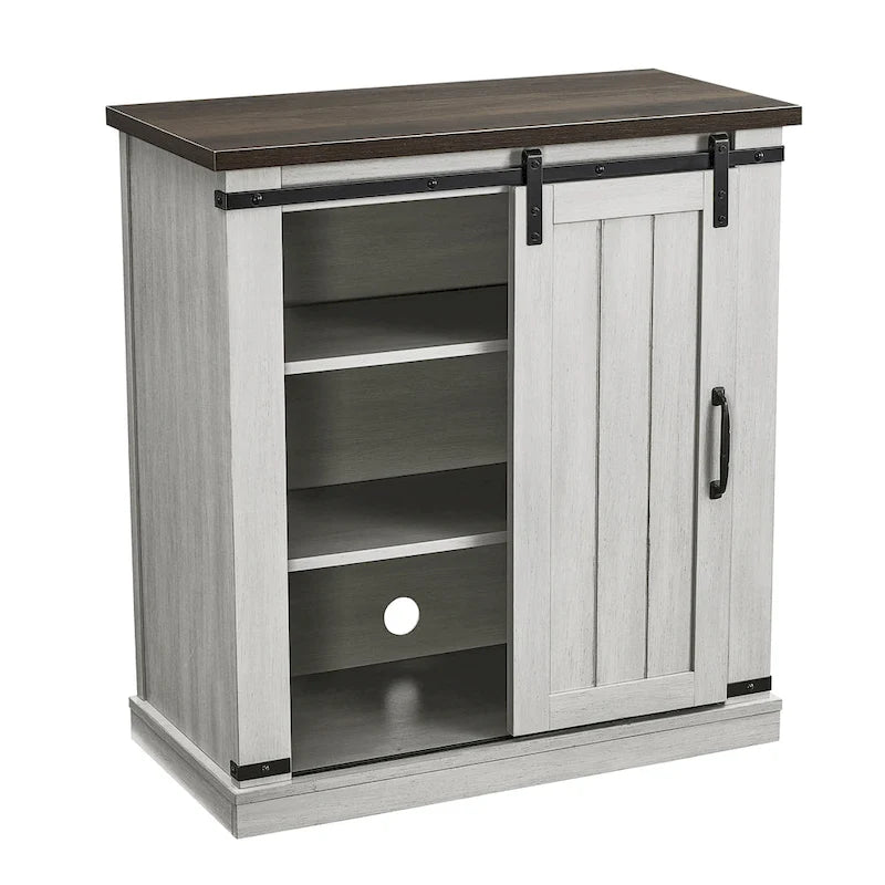 Meuble d'appoint avec porte coulissante de 32 po, blanc cassé/blanc cassé/bois vieilli/gris, simple