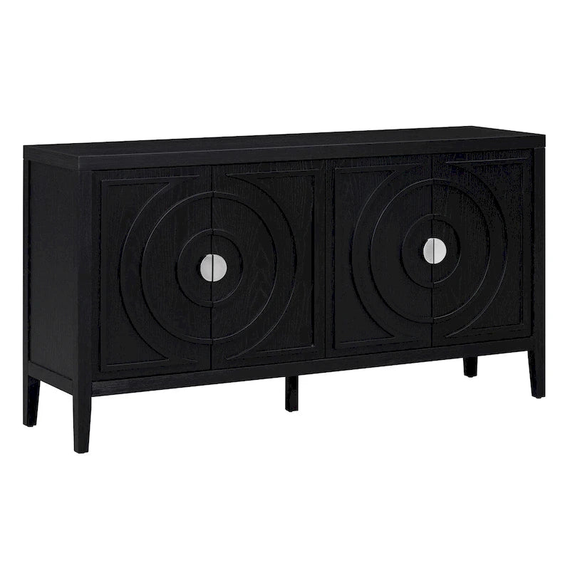 Buffet rétro 4 portes, noir/gris/bleu antique/blanc, assemblage à 2 personnes