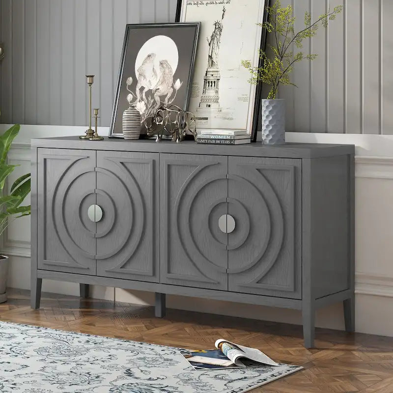 Buffet rétro 4 portes, noir/gris/bleu antique/blanc, assemblage à 2 personnes