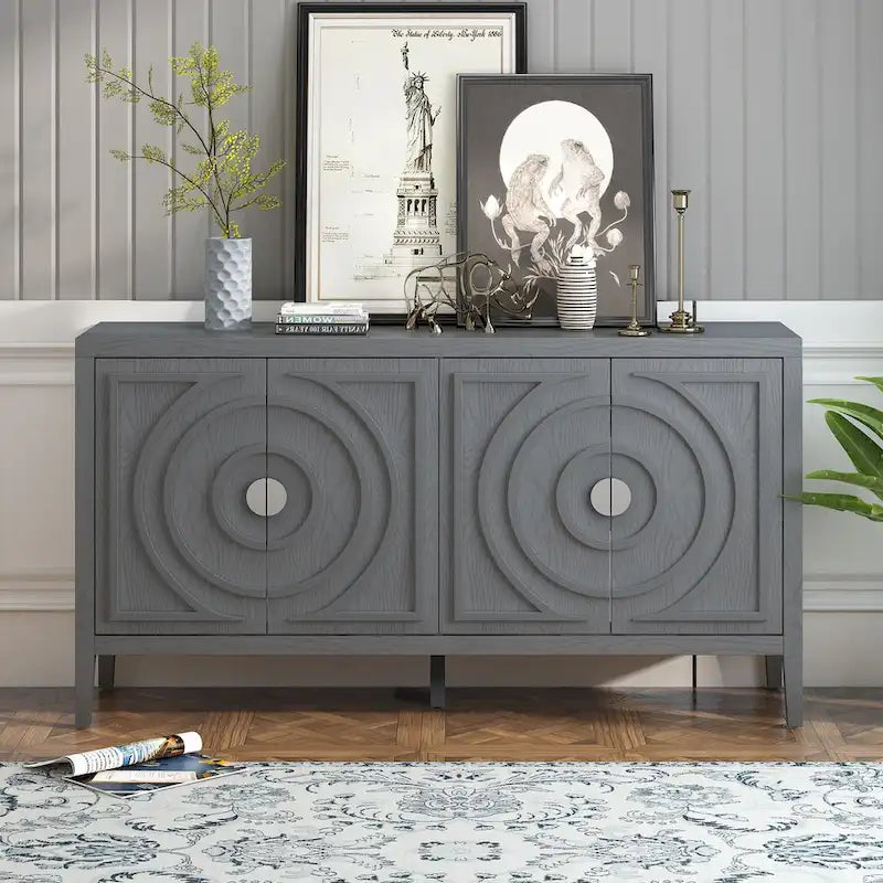 Buffet rétro 4 portes, noir/gris/bleu antique/blanc, assemblage à 2 personnes