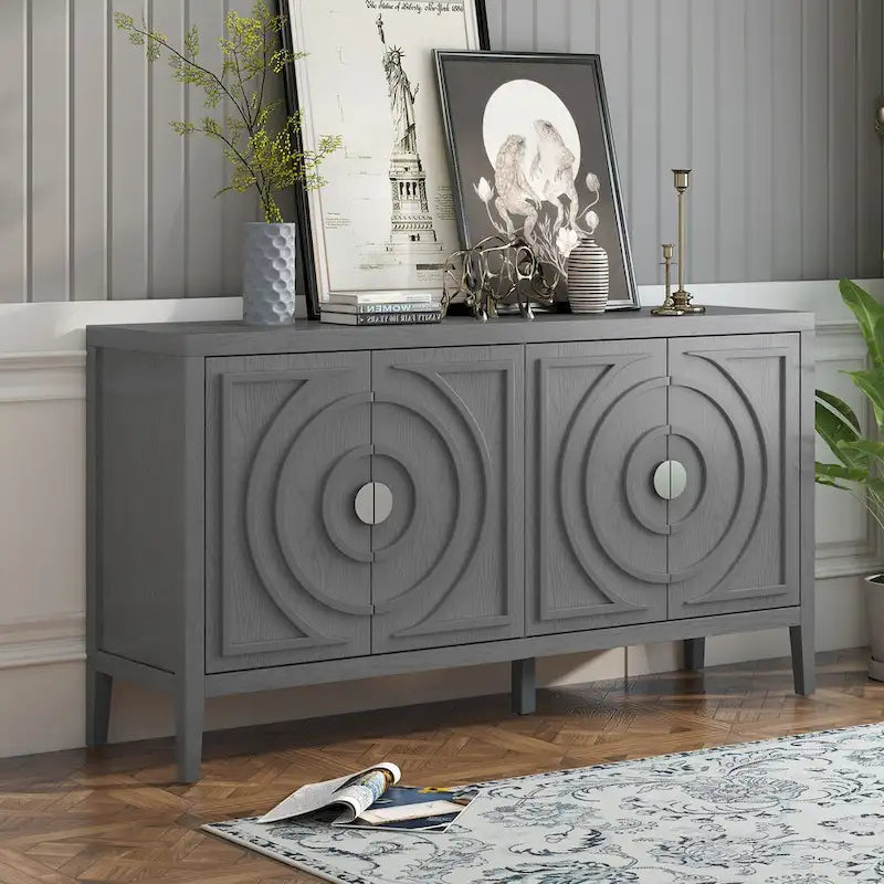 Buffet rétro 4 portes, noir/gris/bleu antique/blanc, assemblage à 2 personnes