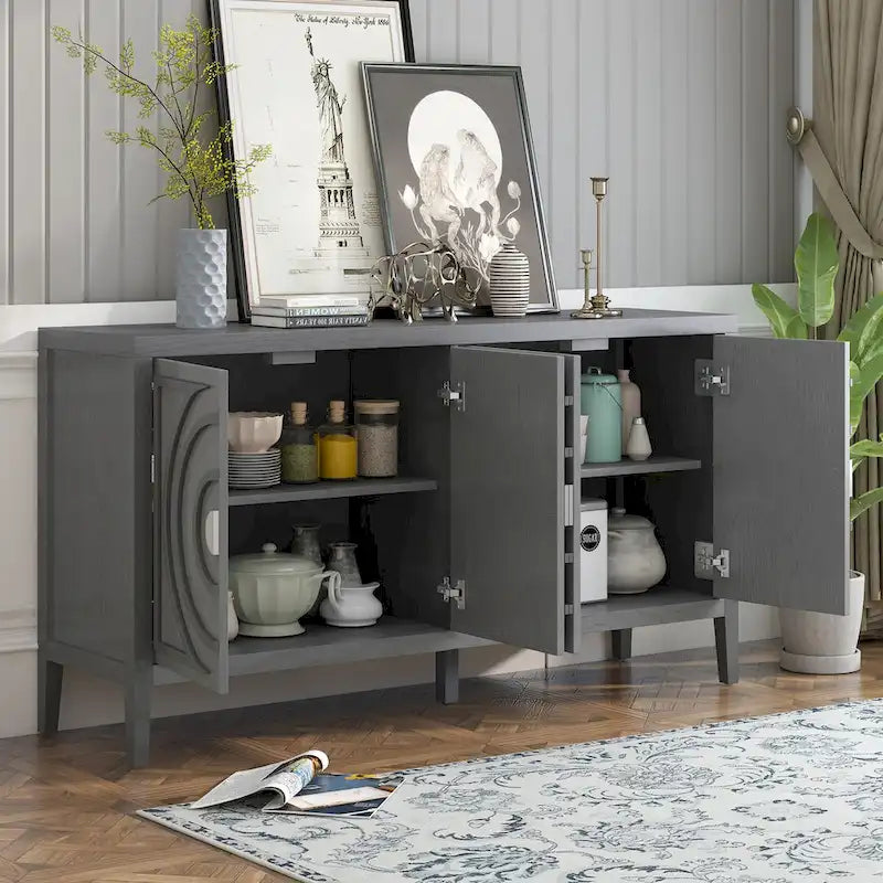 Buffet rétro 4 portes, noir/gris/bleu antique/blanc, assemblage à 2 personnes