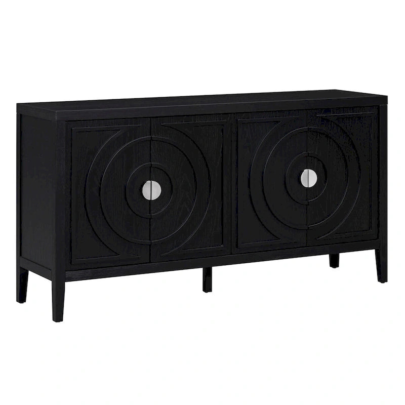 Buffet rétro 4 portes, noir/gris/bleu antique/blanc, assemblage à 2 personnes