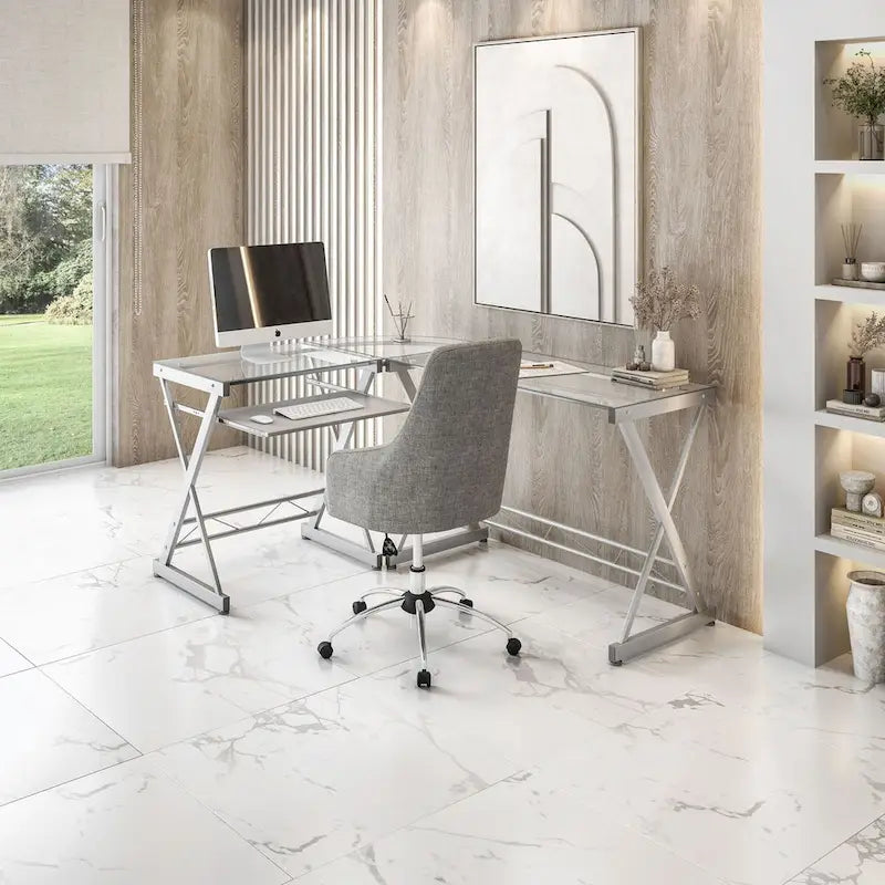 Bureau d'angle en L en verre transparent pour 1 personne