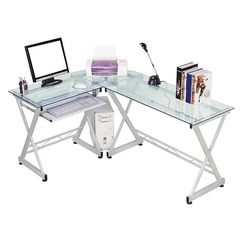 Bureau d'angle en L en verre transparent pour 1 personne