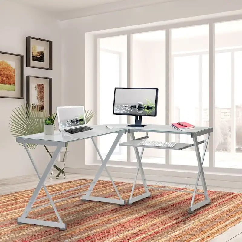 Bureau d'angle en L en verre transparent pour 1 personne