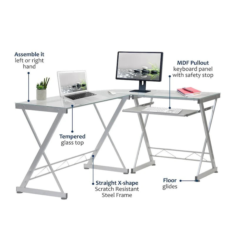 Bureau d'angle en L en verre transparent pour 1 personne